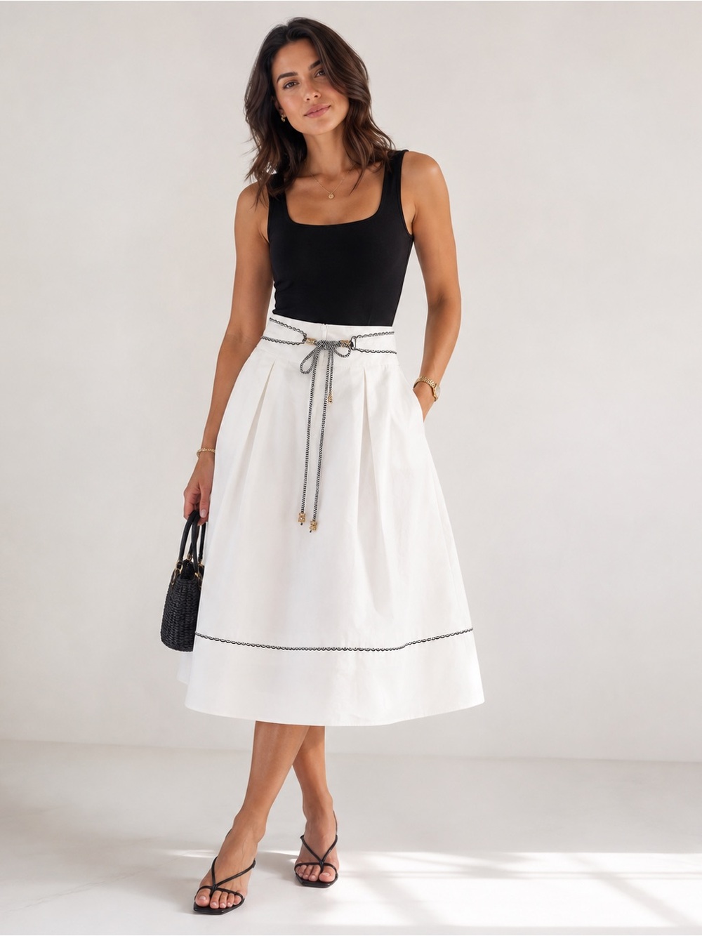 SMF Studio Collection White Cotton Midi Skirt with Belt